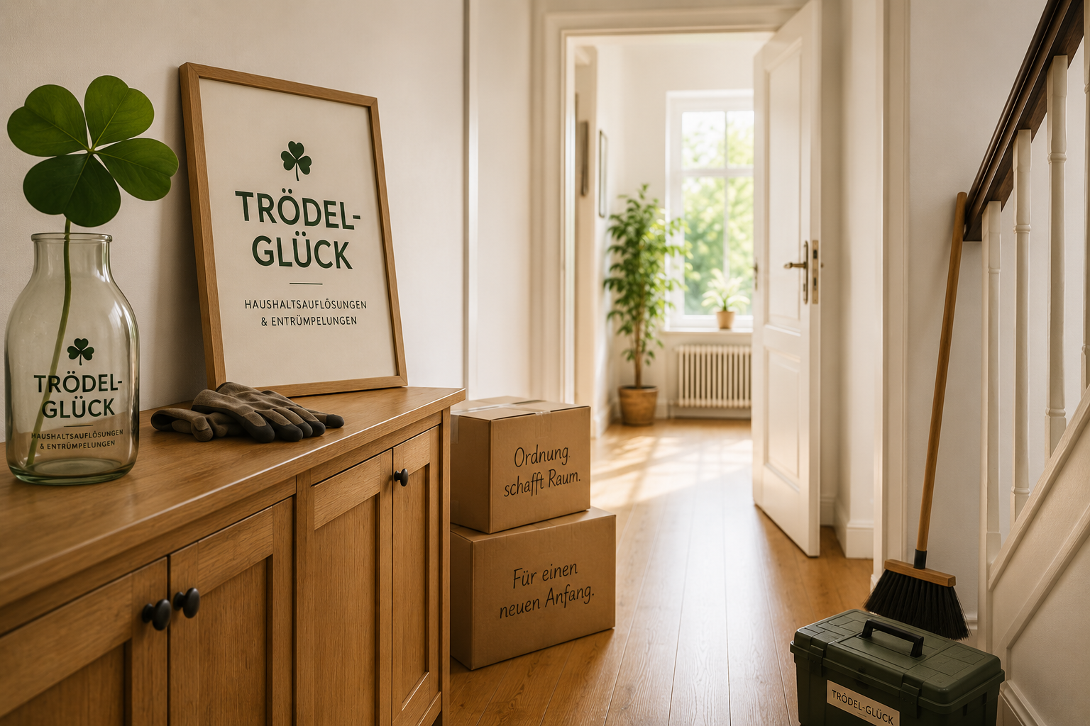 Ordentlicher Flur mit vorbereiteten Kisten und Arbeitsmaterialien als beispielhafte Darstellung der Arbeitsweise von Trödel-Glück.